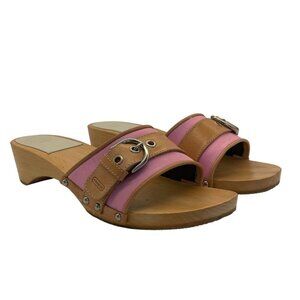 Coach Pink/White Wooden Heeled Slides Women’s Size 9.5 Leather Buckle Casual